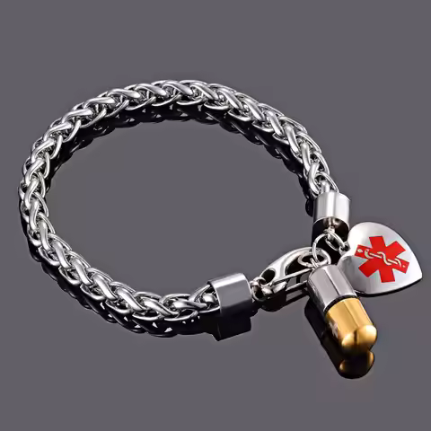 Waterproof Personalized Medical ID Alert Men Stainless Steel ID Tags Bracelet Pill Cylinder Holder T