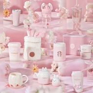 Starbucks 2023 Starbucks  Pink Cherry Blossom Cute Rabbit Water Cup Ceramic Mug With Lid Household Coffee Straw
