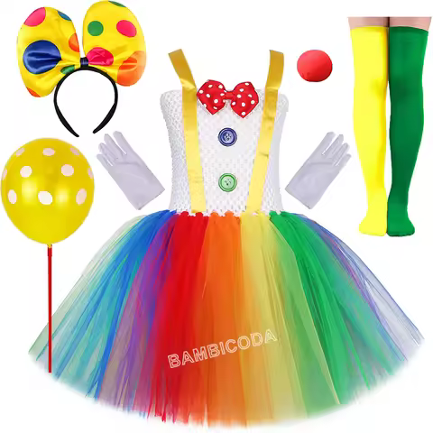 Rainbow Circus Clown Costume New Girls Funny Joker Birthday Carnival Party Outfit Clothes Halloween 