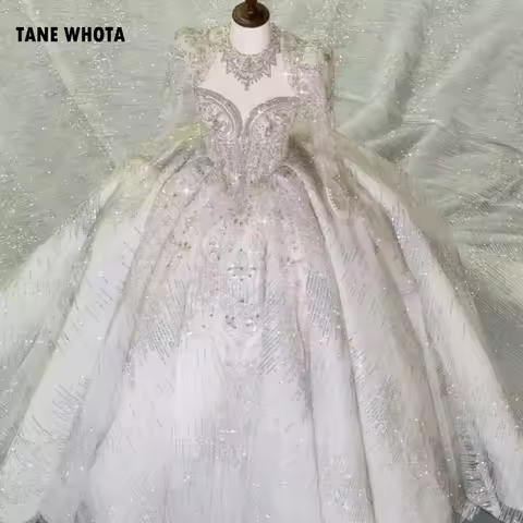 Luxury Glitter Wedding Dress Long Sleeve Beading Crystal Ball Gown Bride Wedding Gown
