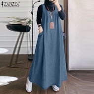 Esolo ZANZEA Muslimah Women Muslim Sleeveless Round-Neck Denim Suspender Dress Side Pockets Casual M