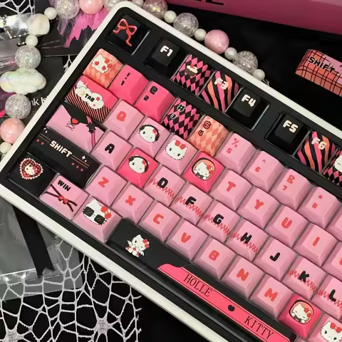 MOA / CHERRY Height Kawaii Keyscaps for Mechanical Keyboard Pink Black Hello Kitty Theme Keycaps PBT
