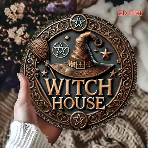 2D Flat, 1pc Vintage Witch House Metal Wall Sign - 20.32x20.32 cm Round Iron Decor with Golden Stars