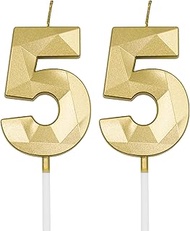 55th Birthday Candles for Cake, Gold Number 55 3D Diamond Shaped Candle Birthday Decorations Party S
