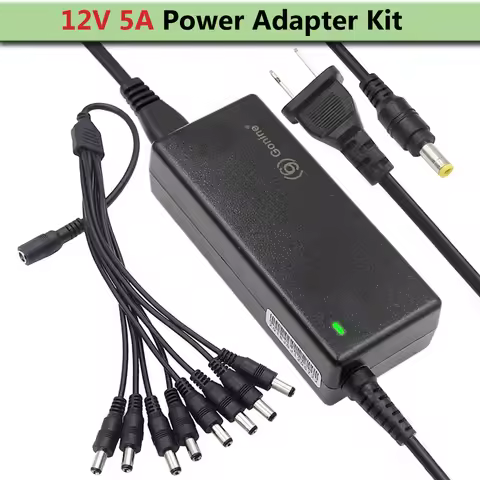 60W 12V 5A Power Adapter AC to DC Switching Power Supply with 8-Way Power Splitter Cable for CCTV Ca