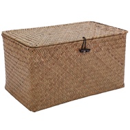 Handmade Straw Woven Storage Basket with Lid Makeup Organizer Storage Box Seagrass Laundry Baskets R