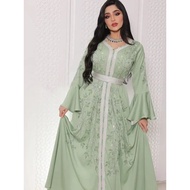 India Turkey Muslim Abaya Dresses Women Elegant Diamond Wedding Evening Party Dress Lace Belted  Aba