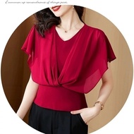 Short sleeve   v-neck  chiffon blouse  casual summer Two fakes  loose53