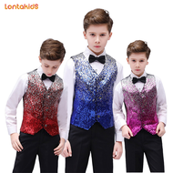 lontakids เสื้อกั๊ก2ชิ้น (เสื้อกั๊ก + โบว์) เสื้อกั๊กปักเลื่อมเสื้อสีแดงกุหลาบน้ำเงินสำหรับเด็กผู้ชา