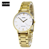 Velashop นาฬิกาข้อมือผู้หญิง Casio Standard  สายสแตนเลส สีทอง หน้าปัดขาว รุ่น LTP-VT01G-7BUDF, LTP-V