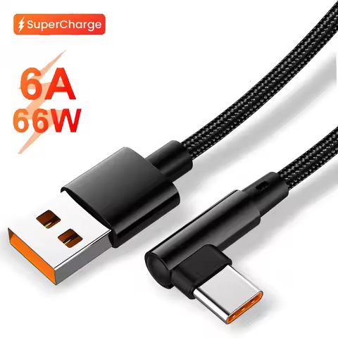 66W 6A USB to Type C 90° Fast Charging Weave Data Cable For iPhone Xiaomi Redmi Huawei 1M 2M Nylon B
