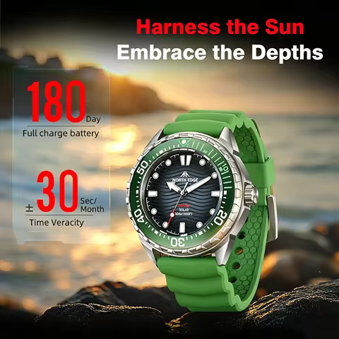 NORTH EDGE TRITON Men's Solar Powered Dive Watch Luxury Quartz 316L Stainless Steel Case Waterproof 