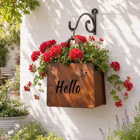 Farmhouse Garden Planter Small S Planter Rustic Metal Handbag Planter with Double-sided Hello Welcom