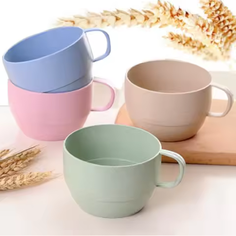 6 Pcs Set Plastic Wheat Straw Reusable Cups with Handle Eco-Friendly Disposable Cup Alternative for 