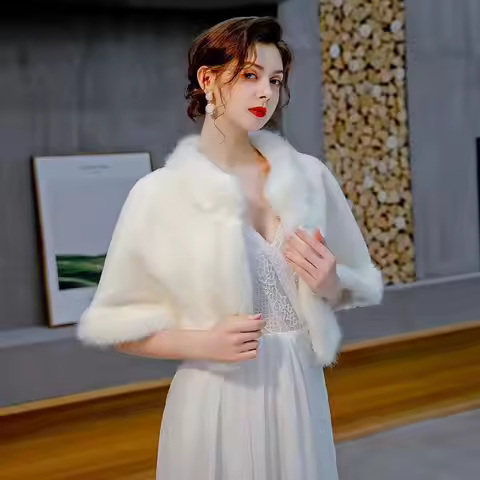 Women Faux Fox Fur Bride Shawl Bridal Wedding Dress Wrap Accessories Autumn Winter Short Thick Warm 