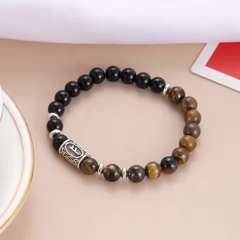 Ethnic Viking Runes Charm Bracelet for Men 8Mm Natural Obsidian Tiger Eye Stone Handmade Bangles Ban
