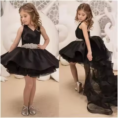 KLGFLD Gorgeous and elegant black children's dress Toddler Baby Girls Dress with small tail and fluf