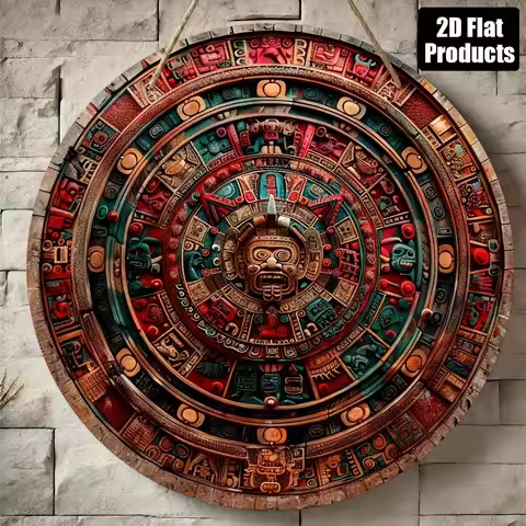 2D plan, 1 piece of Maya style wooden wall art with vibrant Aztec calendar design and tribal symbols