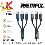 REMAX RC-131TH 3 IN 1 USB CABLE WITH I-CABLE / TYPE C / MICRO USB 2.8A FAST CHARGE CABLE 1.15 METER 