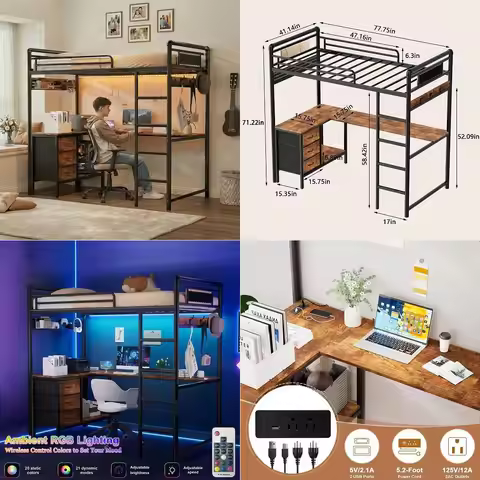 Loft Bed with L Shape Desk, Gaming Bunk Bed with Stairs, Metal Loft Bed Heavy Duty Loft Beds for Adu