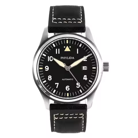 PHYLIDA 42mm Spitfire Pilot’s Automatic Watch – Black Dial, Domed Sapphire Crystal, MIYOTA Movement,