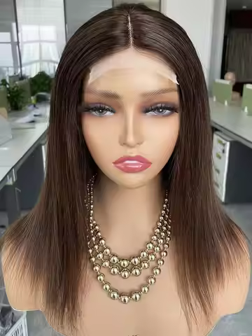 Middle Part Brown Straight Human Hair Wig For Women Short 12-20 inch Easy Wear Transparent Lace Clos