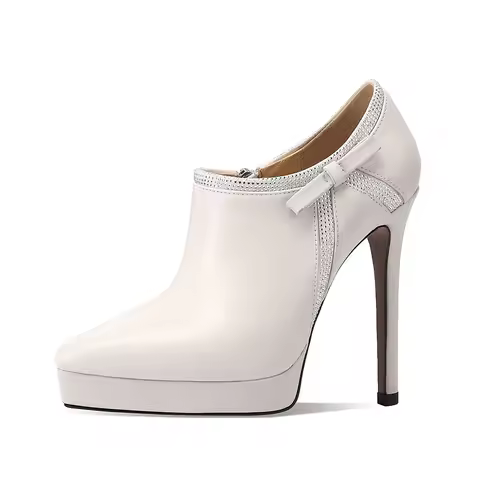 First layer cowhide thick-soled rhinestone high heels pointed head deep mouth side high heel bow sin
