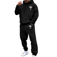 Men Hoodie Pants Suit High Street Plush-lined Plus Size Loose Outdoor Sport Outfit Pure Color Winter