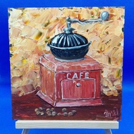 Still life with coffee grinder and coffee beans. Painting. Kitchen Original work