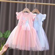 Dress Baby Girl 1 - 8 Tahun Birthday Baju Gaun Budak Perempuan Summer Short Sleeve Cotton Tulle Cute Fashion Cartoon Kids Frozen Elsa Princess Dresses Kanak Kanak Perempuan