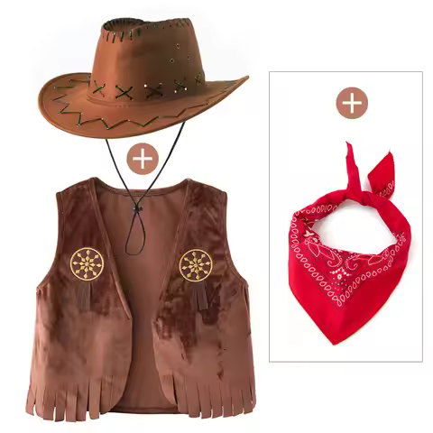 Kids Cowboy Brown Fleece Cowboy Vest with Bandanna & Hat Set Children Western Role Play Costume Holi