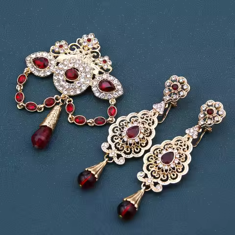 Gold Color Morocco Bride Wedding Jewelry Set Women Caftan Brooch Earring Arab Hijab Pins Hollow Flow