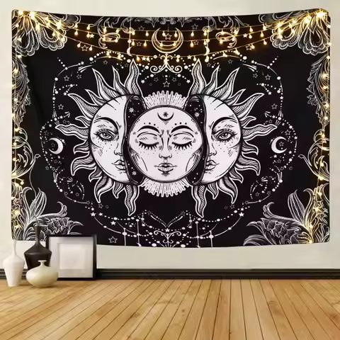 Home Decor Sun & Moon Tapestry - Flat Printed, Boho Style Wall Hanging Backdrop for INS Aesthetic