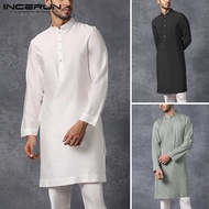 ChArmkpR Store INCERUN Mens Retro อินเดียเสื้อตัวยาวคาฟตันเข่าความยาว Collared อย่างเป็นทางการ T เสื้อ Tops