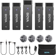 BOYA BY-W4 2.4G Wireless Lavalier Microphone System 4-Channel Lapel Mic with 4 Transmitters and 1 Receiver for DSLR Camera, Camcorder, Smartphone, Interview, Vlogging, and YouTube Videos