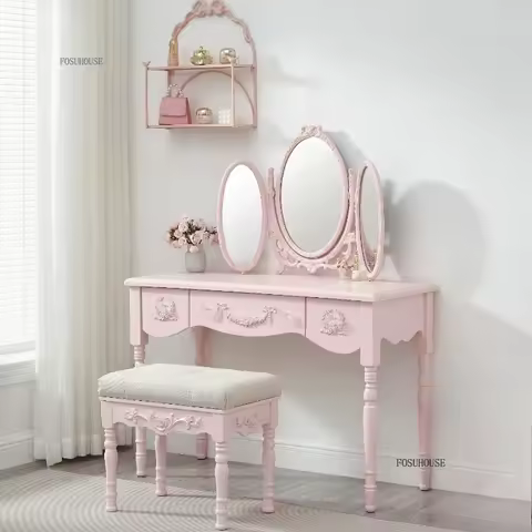Retro Carved Solid Wood Makeup Vanities Dopamine Bedroom Dressing Table Small Apartment Girly Desks 