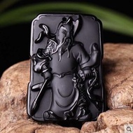 Obsidian Guan Gong pendant mens necklace