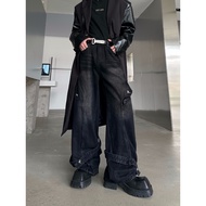 European American hiphop Pants Loose Lazy Drop Jeans Design Deconstruction Stitching Retro Blue Wide