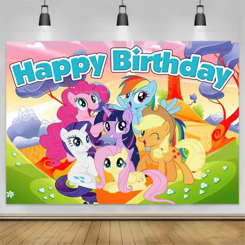 Cartoon My Little Pony Happy Birthday Backdrop Banner Lovely Rainbow Pony Theme Girls Kids Party Pho