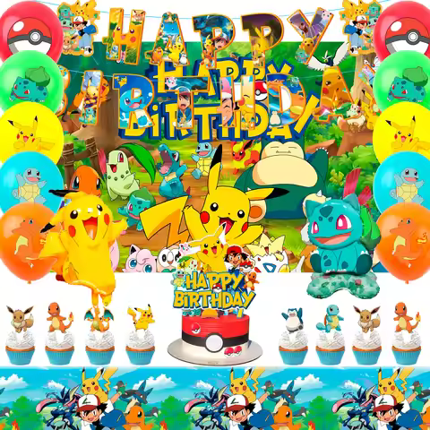 38 Pcs Pokemon Birthday Decorations - Pokemon Banners Balloons Tablecloth Etc Pokemon Party Decorati