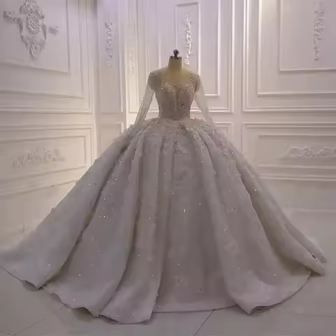 Luxury Muslim Wedding Dresses Ball Gown Long Sleeves Floral Appliques Beaded Dubai Arabic Wedding Go