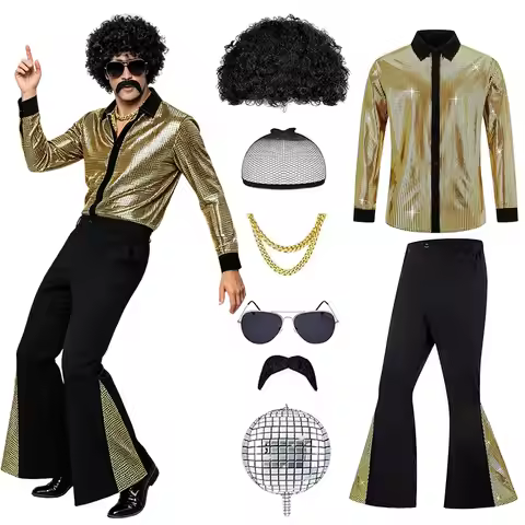 8 Pcs Mens 70'S Disco Outfit Retro 70s Mens Costume For Adults 80s Bell Bottom Pants Short Sleeve Sh