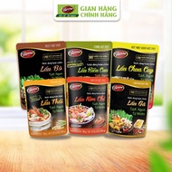 Clusters of all flavors of Barona Hot Pot broth (Thai Hot Pot, Kim Chi Hot Pot, Crab Hot Pot, Spicy 