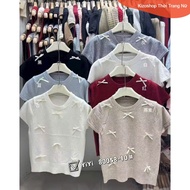 Women's short-sleeved round neck sweater with many white bows from Guangzhou, form-fitting autumn, t