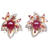 ต่างหูพลอยแท้ ทับทิม สีแดง 9 x 10 mm. ล้อม แซฟไฟร์ชมพู โทปาส เพทาย เงินแท้ 925 ชุบทอง 18k