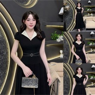 2HS35 - Evii Designer Dress for women, V-neck design, long pleated A-line belt