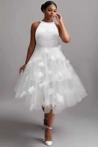 Plus Size Wedding White Sundress Halter Collar 3D Elegant Midi Dresses