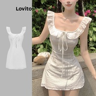 (Lovito x Miki) Vacation Cute Plain Tie Front Eyelet Embroidery Dress for Women Plus Size Friendly L