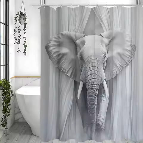 Gray Elephant Shower Curtain, Bathroom Decorative Shower Curtain, Waterproof Shower Curtain with Hoo