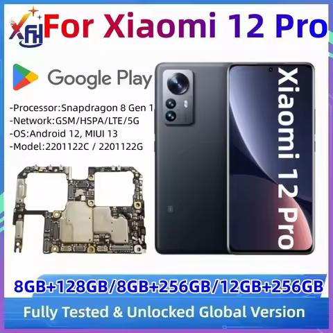 Motherboard for Xiaomi 12 Pro 5G, Unlocked Circuits Mainboard, 128GB 256GB Global ROM, with Google P